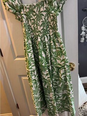 Joie Cream and Green Leaf Print Smocked Dress